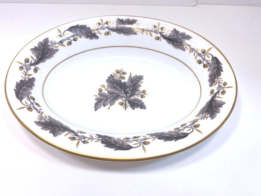 Royal Crown Derby "Portman Oak" pattern oval bowl, bone china, gold accent, made in England, ca.1940