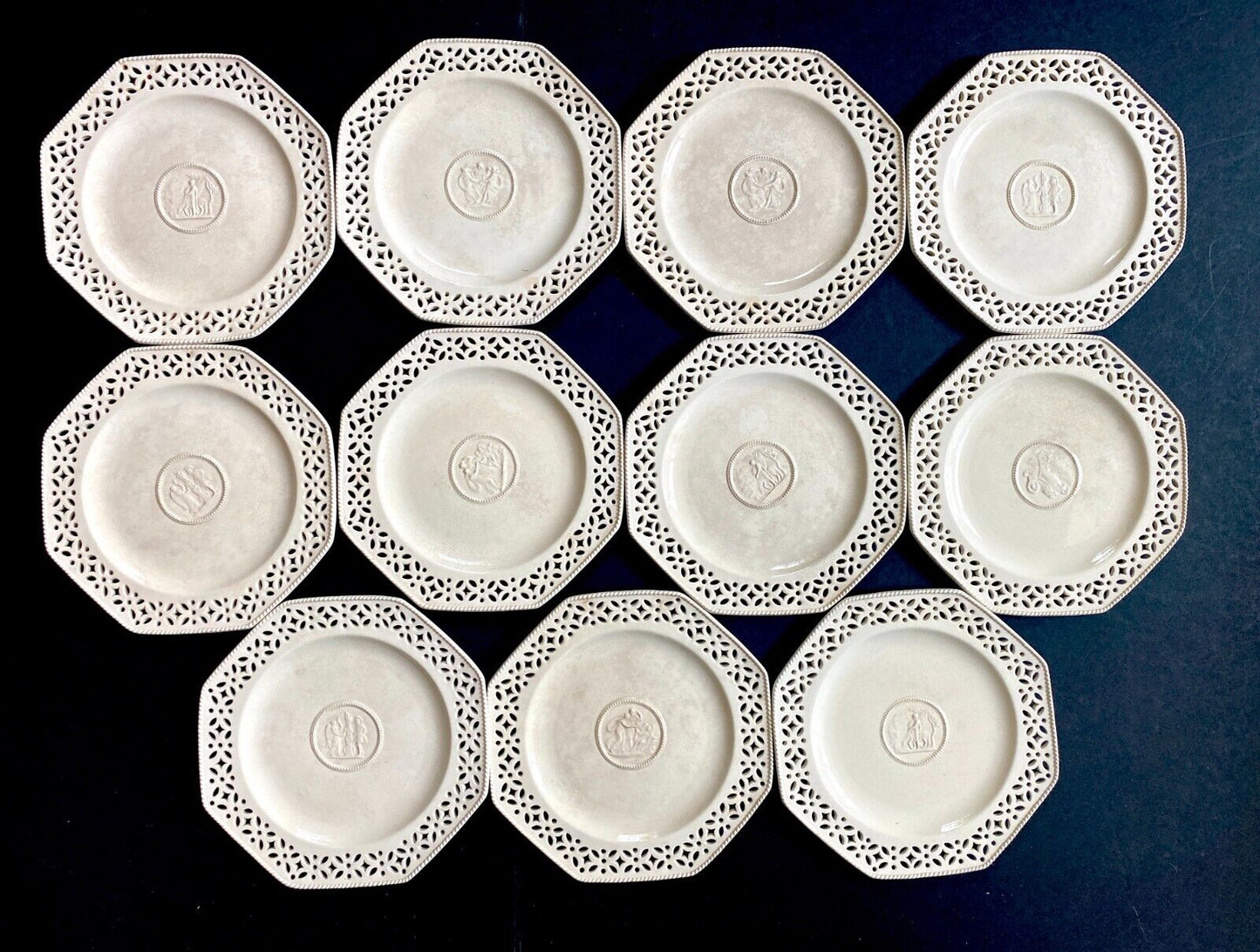 Set 11 Wedgwood Creamware Pottery pierced Hexagonal Plates, Neoclassical, 1800s