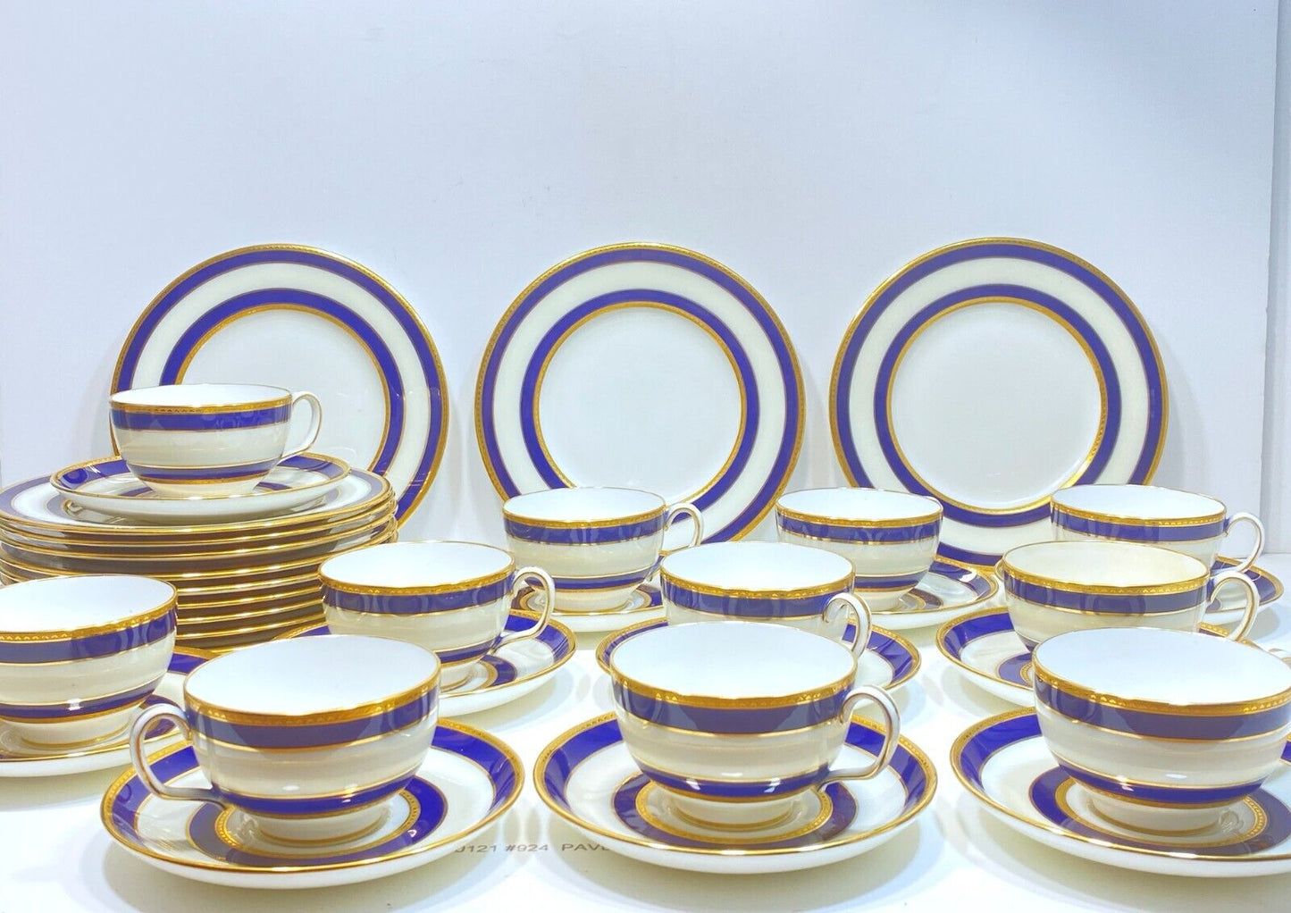 Set of 12 Tiffany & Co Mintons dessert set, blue band and gold accent, ca.1900s