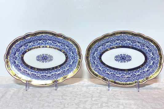 Pair Royal Worcester English Porcelain Blue and White "Royal Lily " oval serving platters, 12.5'' W, rare scalloped edges,Circa 1906