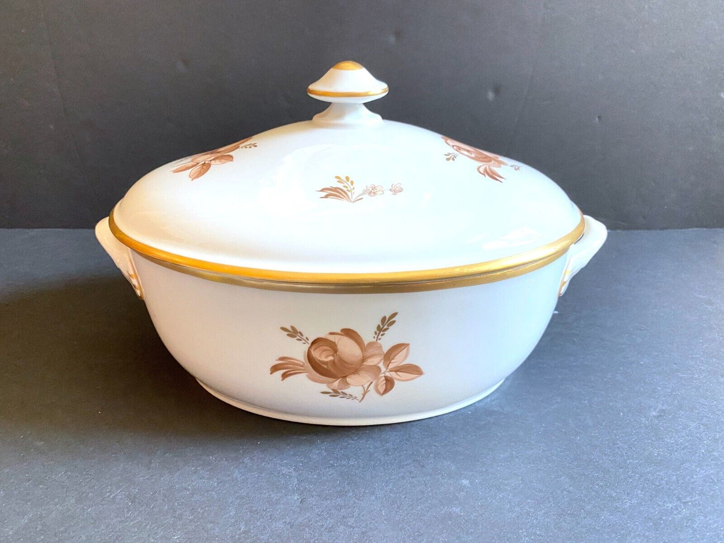 Royal Copenhagen Brown Rose lidded soup tureen with under tray, gold trim