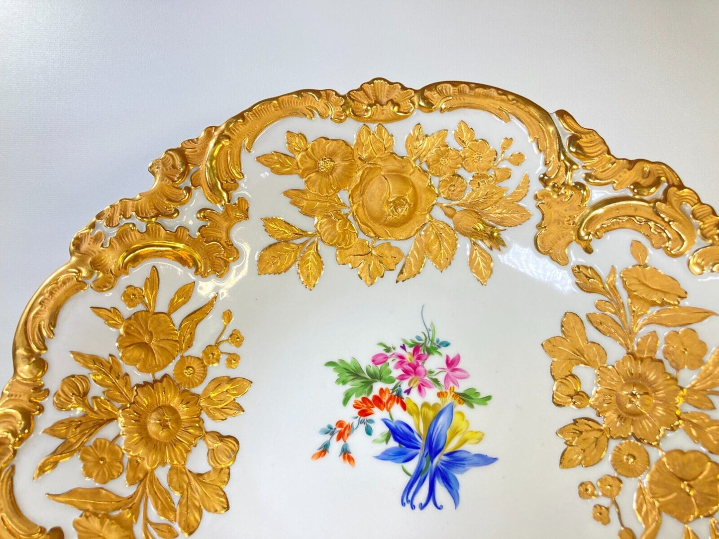 Meissen 24k gold floral relief moulded splendor bowl, 12'' D, ca.1867