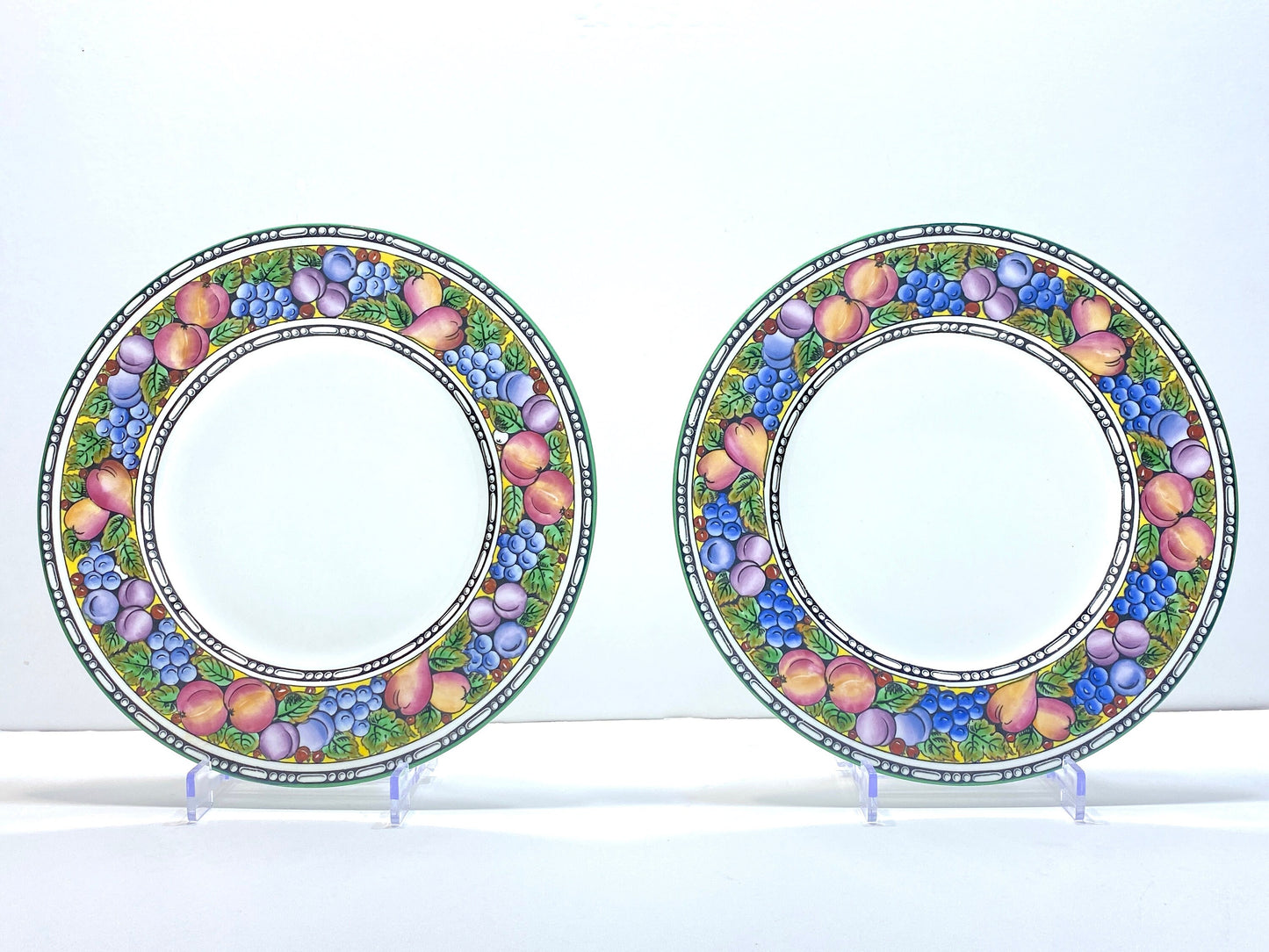 Antique Wedgwood bone china dinner plates, set of 12, fruit border and green rims,10.5/8 inches, circa 1902, excellent