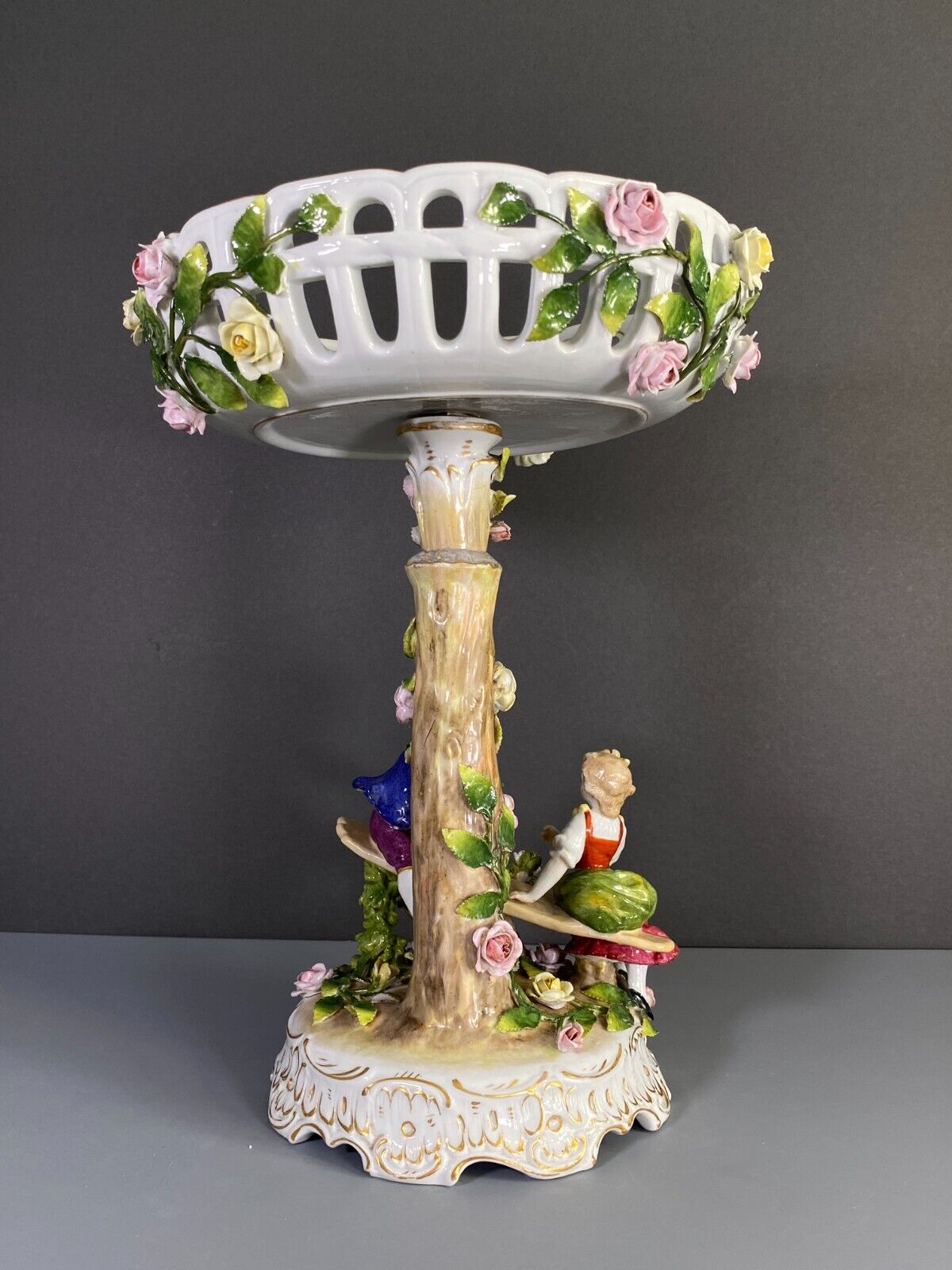 Germany Von Schierholz porcelain figural centerpiece w/ encrusted flower motif