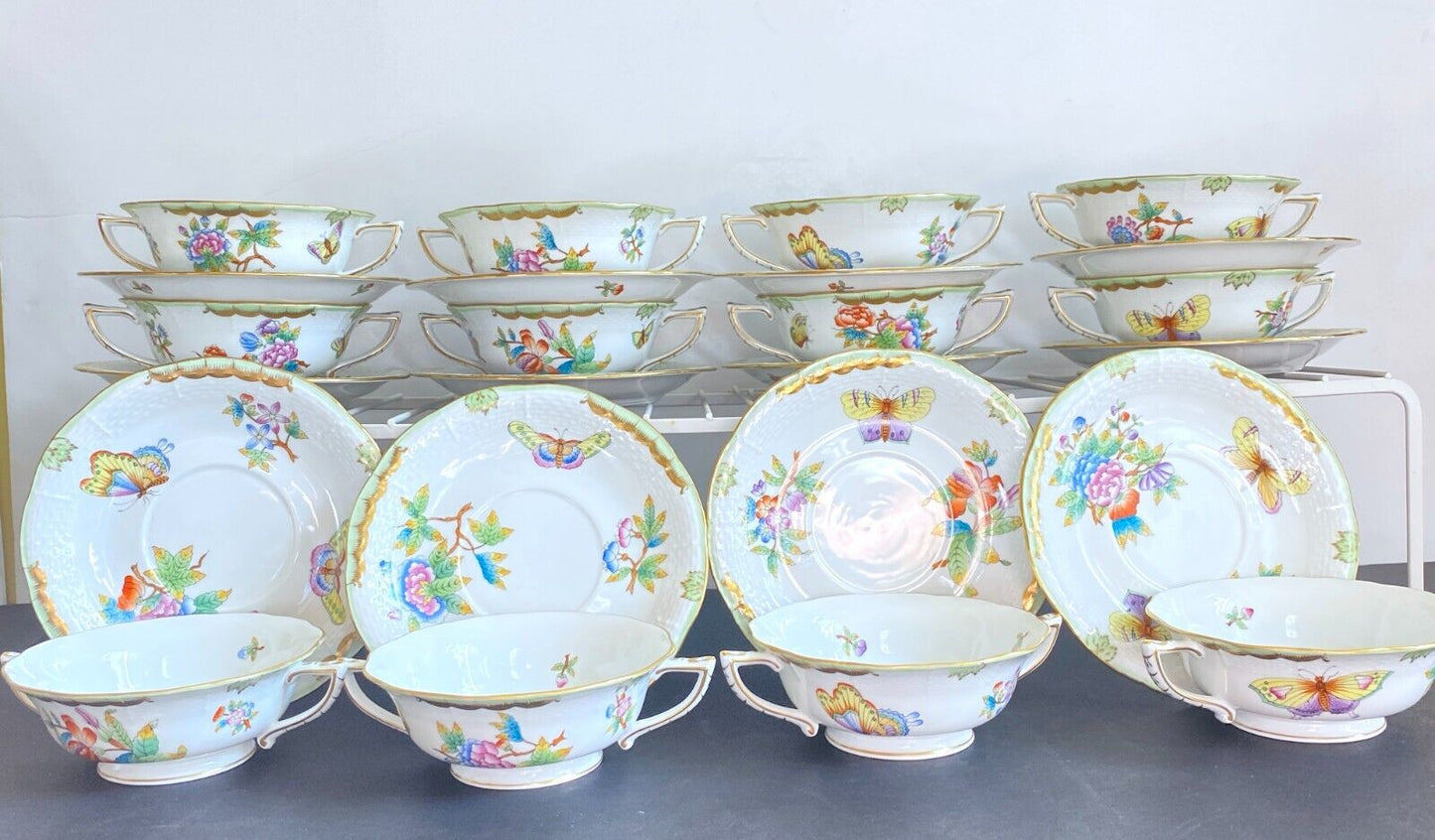 12 sets of Herend "Queen Victoria" bouillon soup bowl & Saucer, #743 VBO, mint