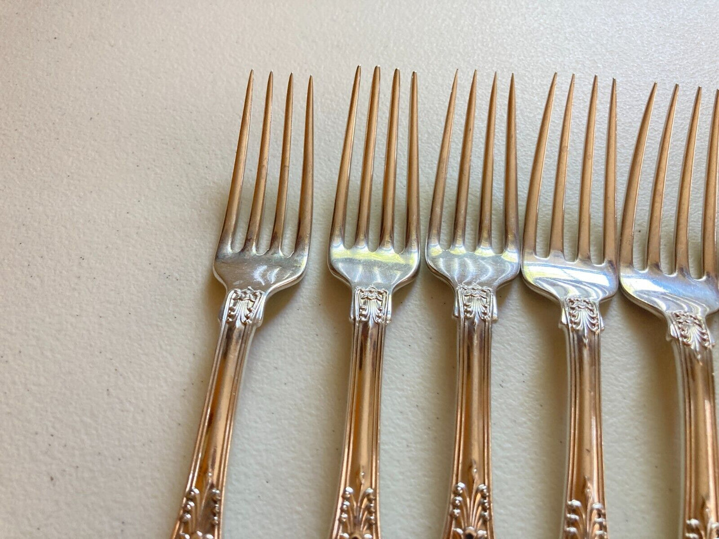 Set 7 Tiffany English King Sterling Silver luncheon Forks 6 7/8 Inches, no mono