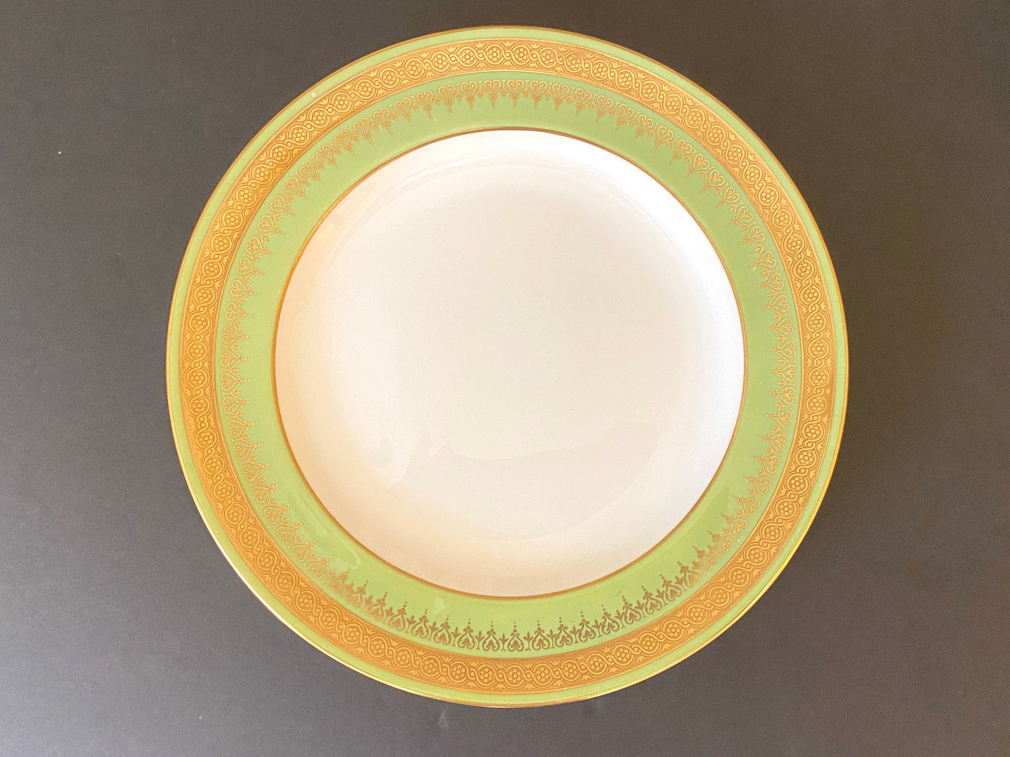 Antique Wedgwood dessert plates, set of 11, gold encrusted green border, 7 inches, bone china, circa 1900s, excellent