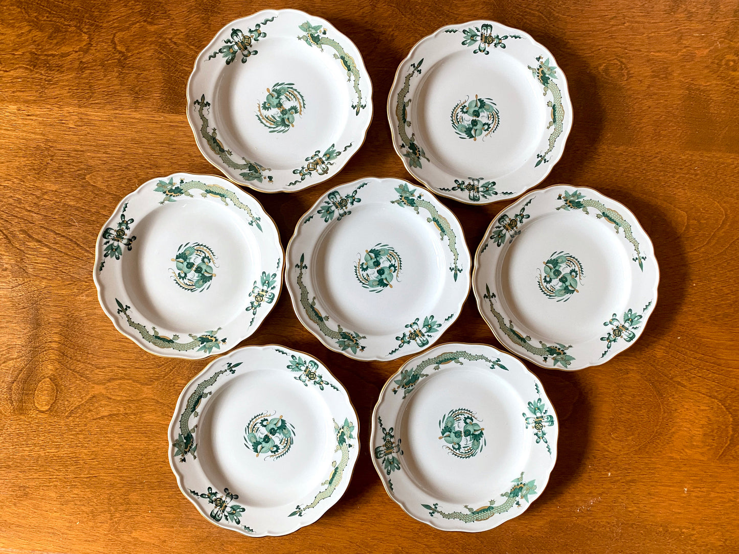 set of 7 Meissen Rich Court dragon (Green), Phoenix birds butter&bread plates, 5.25 inches, gold accents, 1st quality, excellent!