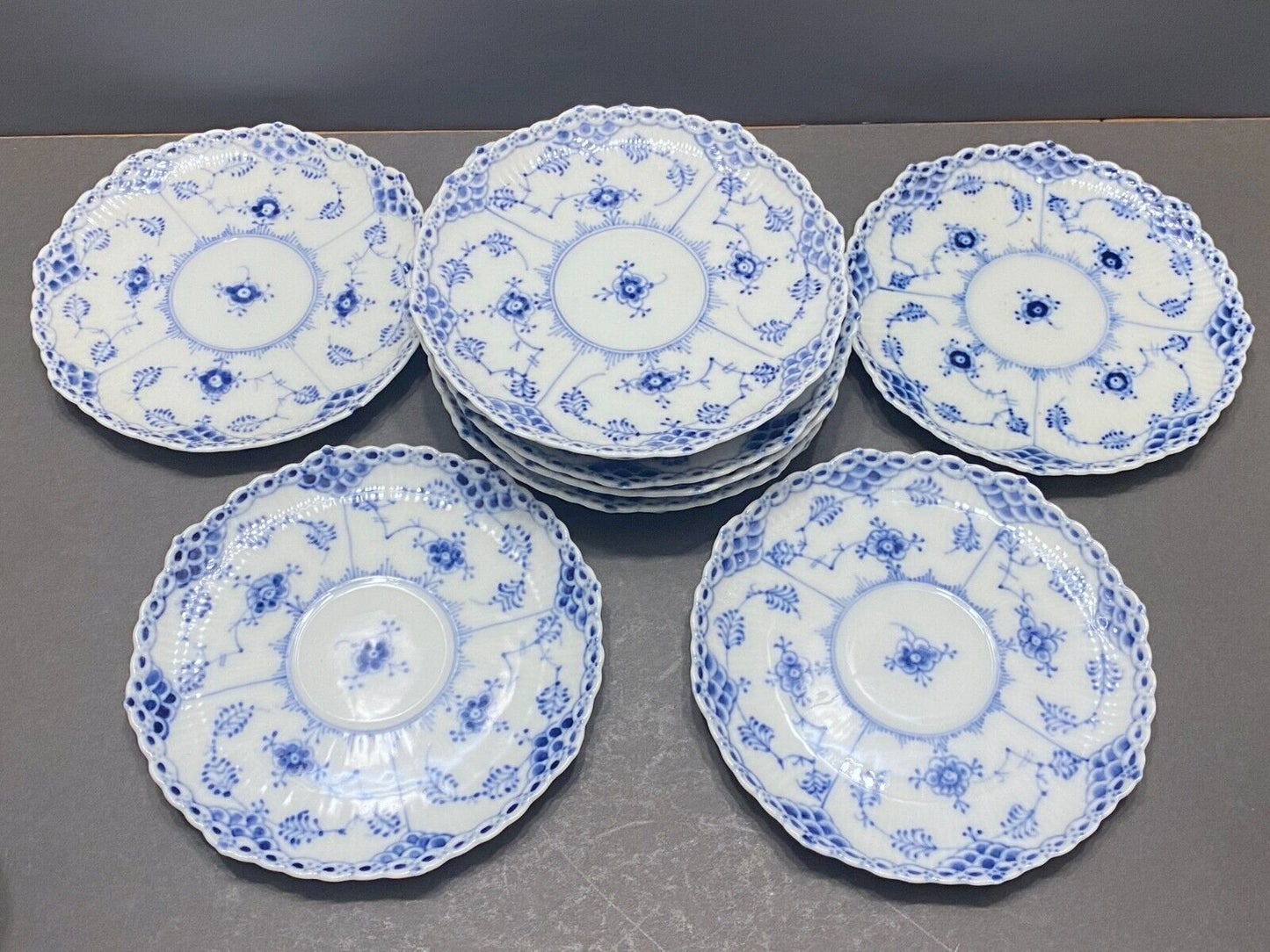 10 x ROYAL COPENHAGEN Blue Fluted "Full Lace" N.1035 tea saucer only,1st quality