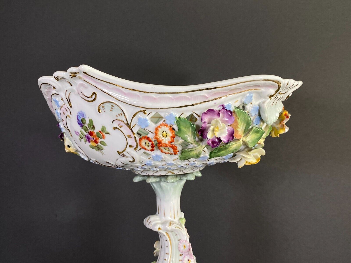 Carl Thieme Potschappel Dresden porcelain floral encrusted Figural centerpiece