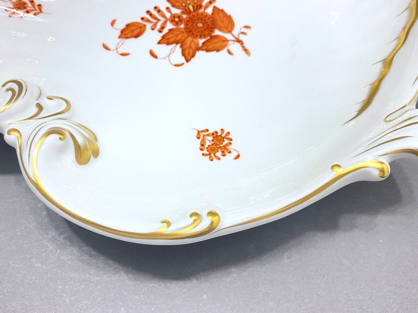 Herend Chinese Bouquet Rust (Apponyi Orange) LARGE Rococo /Wave/leaf dish, NICE