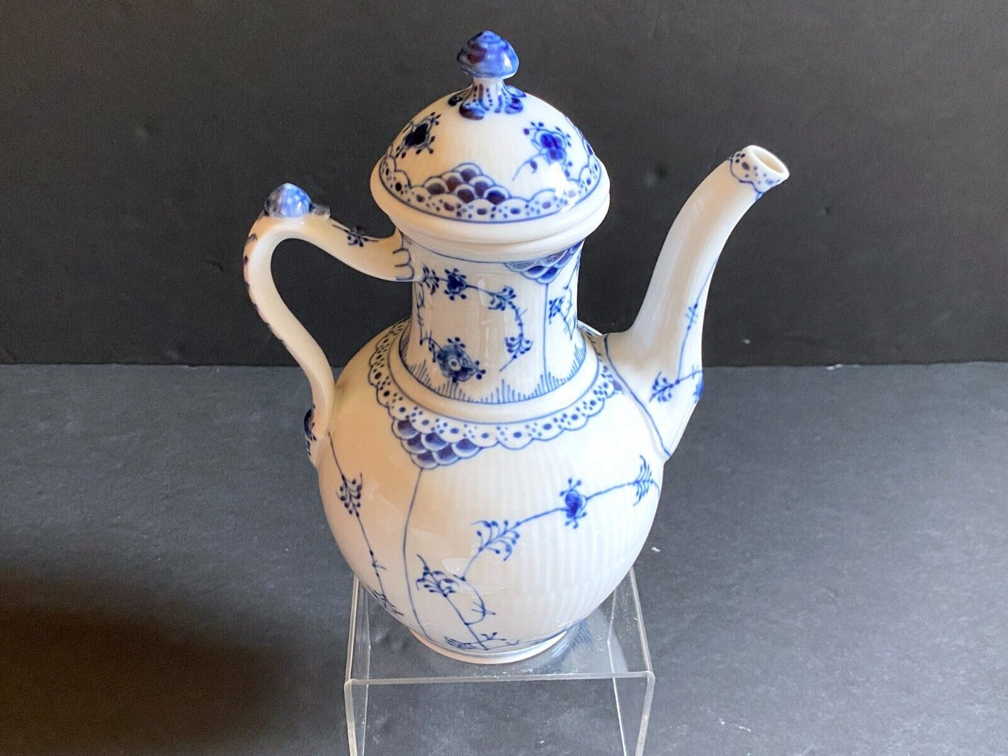 Royal Copenhagen Blue Fluted Half Lace coffee pot #519, 9 1/4 inches high, 1st