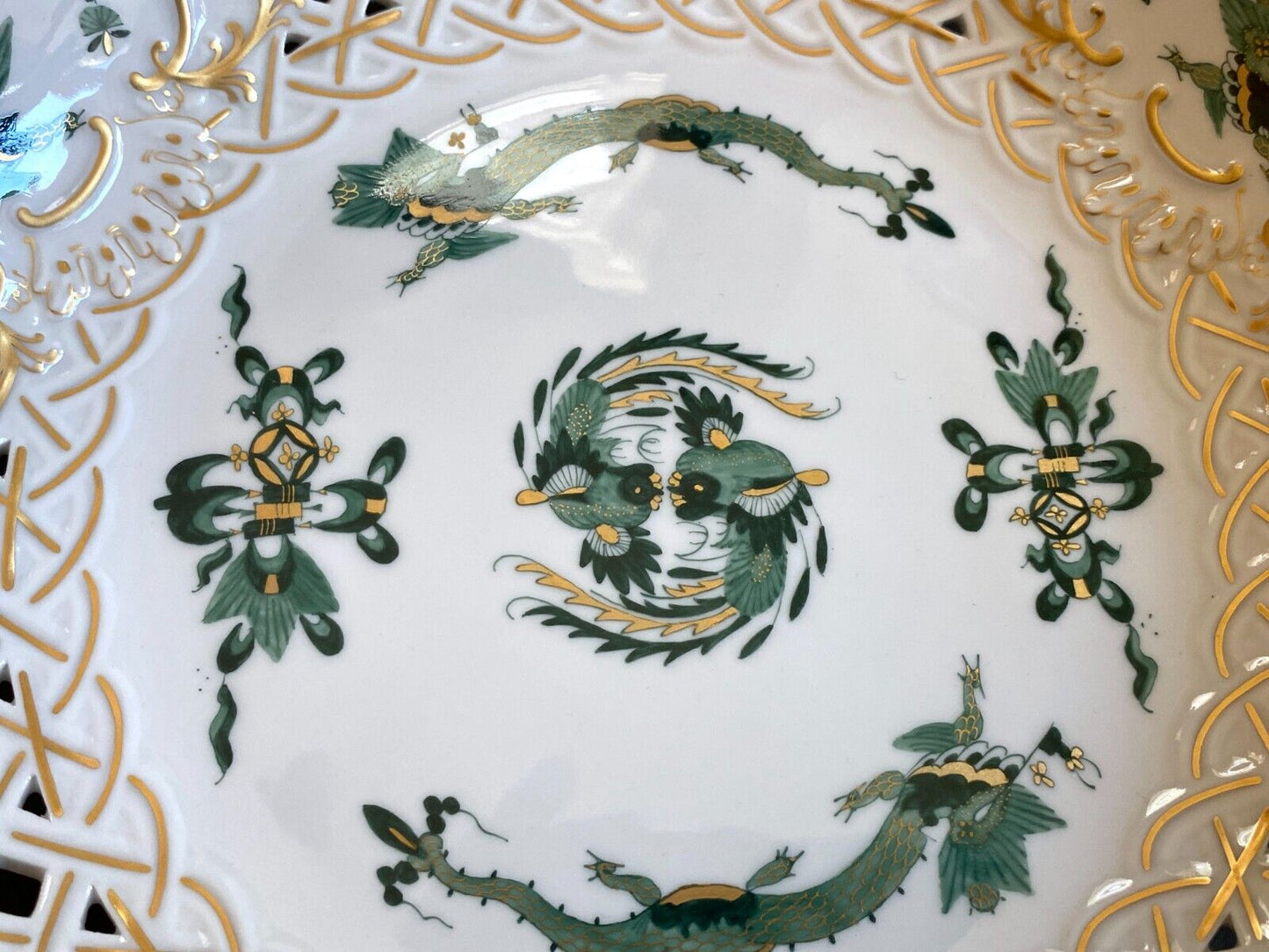 Meissen Reicher Court green dragon &birds pierced center bowl,gold accents, 1st