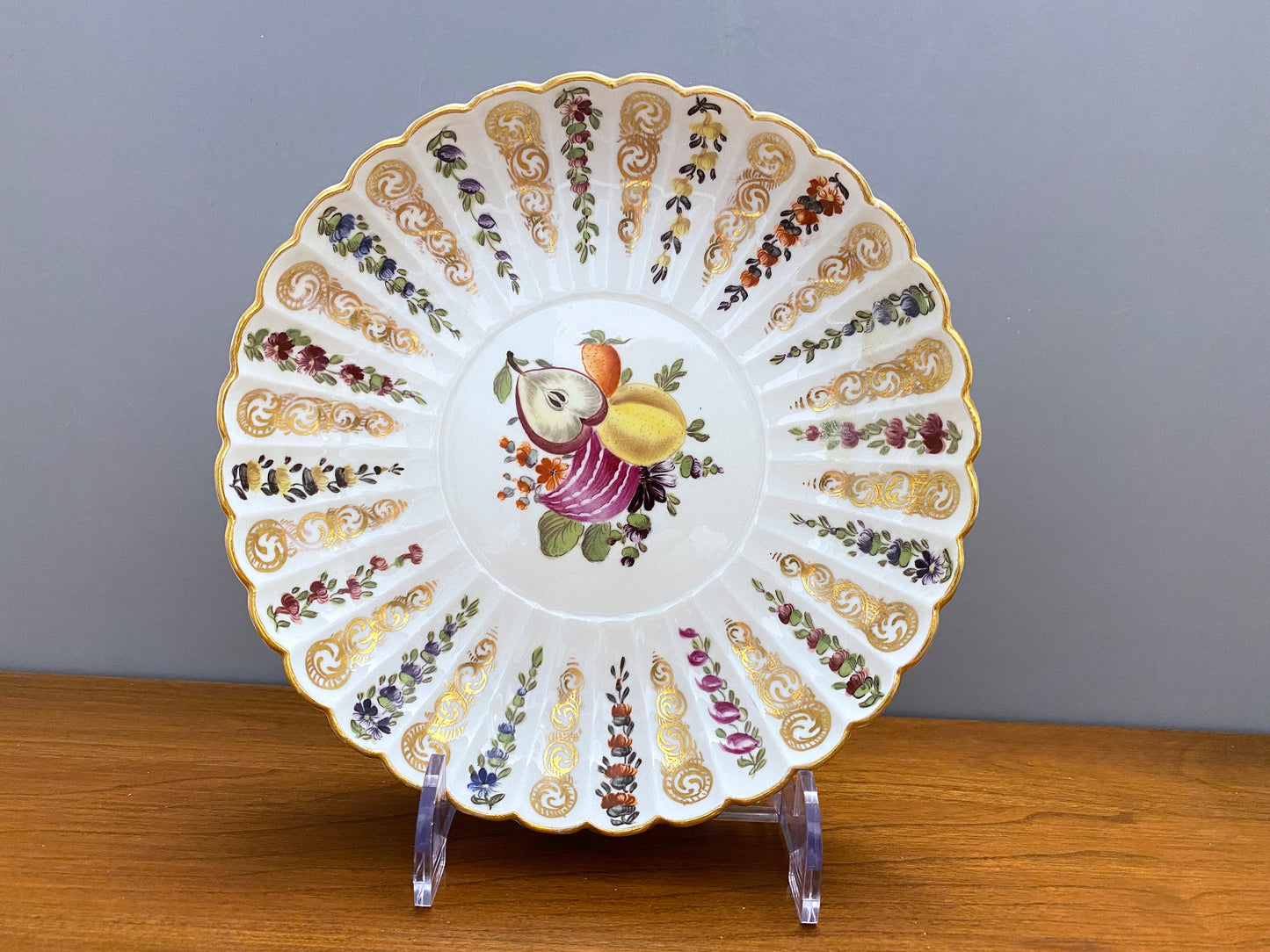 Antique MEISSEN bowl, polychrome floral and fruit painting, flute design, ornamental gilding, 19 century, very rare