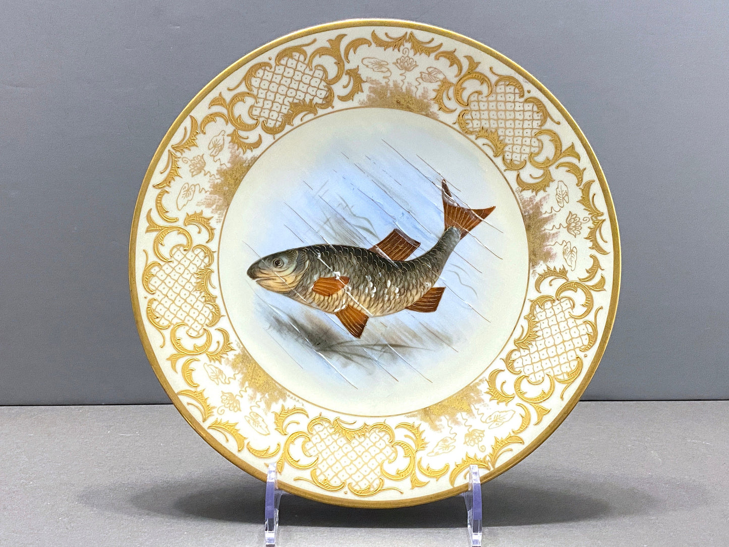 Rare!Antique Limoges Imperial Vienna for Ovington Brothers New York gold encrusted hand-painted fish Plates, set of 6, ca. 1900s, Gorgeous!