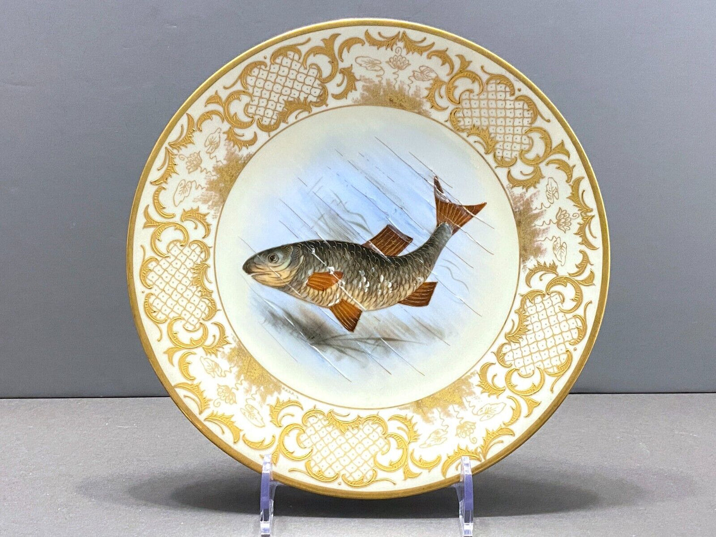 6 x Antique Limoges Imperial Vienna fish plates for Ovington Bro. gold encrusted