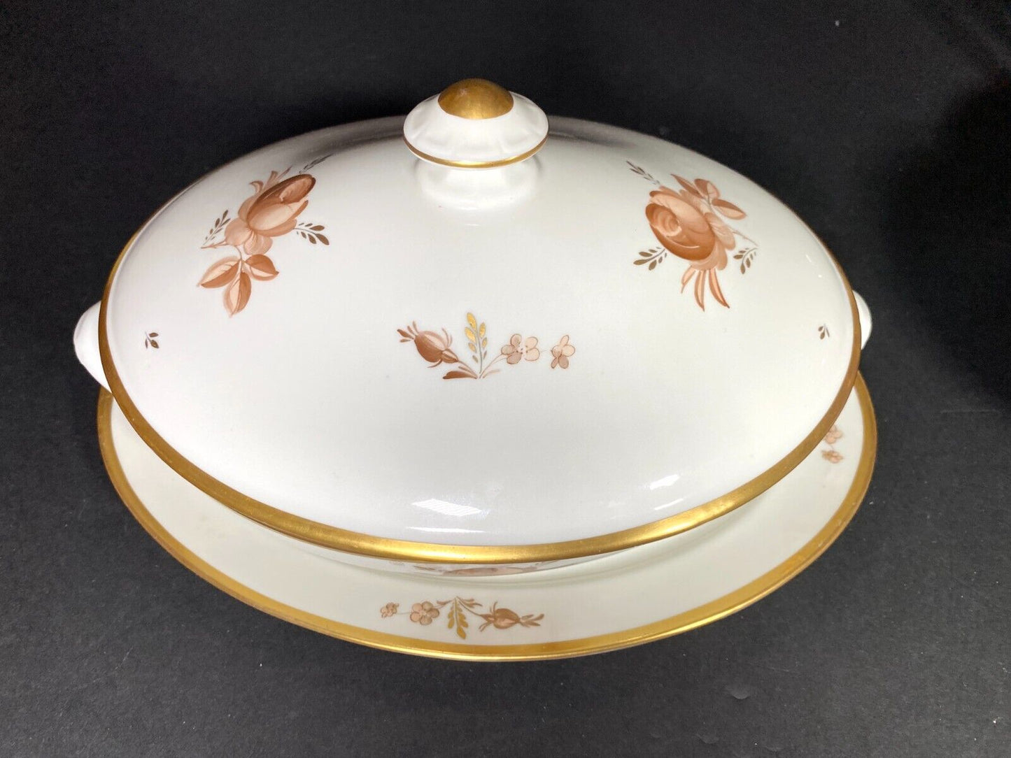 Royal Copenhagen Brown Rose lidded vegetable bowl with under tray, gold trim