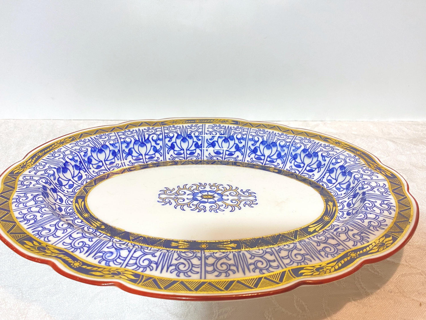 Pair Royal Worcester English Porcelain Blue and White "Royal Lily " oval serving platters, 12.5'' W, rare scalloped edges,Circa 1906