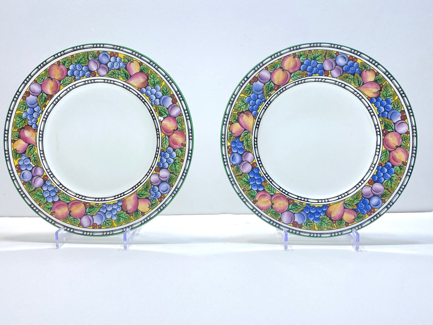 Antique Wedgwood bone china dinner plates, set of 12, fruit border and green rims,10.5/8 inches, circa 1902, excellent