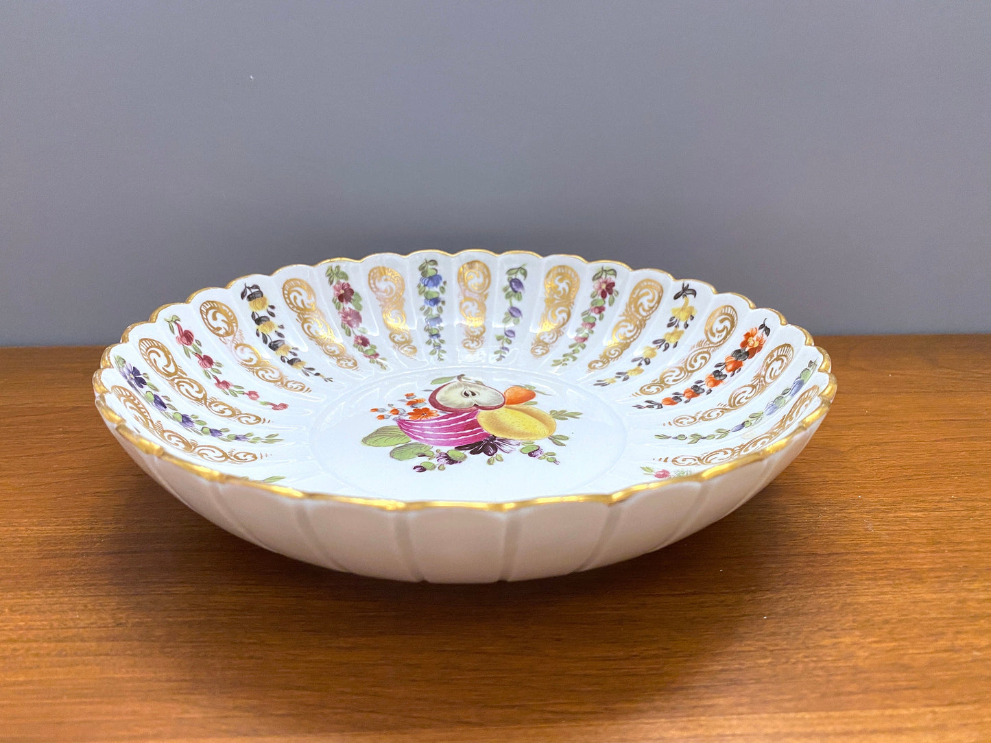 Antique MEISSEN bowl, polychrome floral and fruit painting, flute design, ornamental gilding, 19 century, very rare