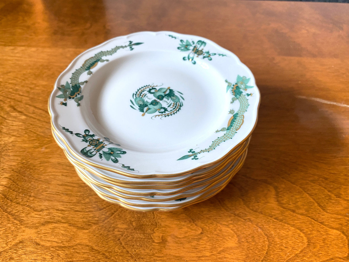 set of 7 Meissen Rich Court dragon (Green), Phoenix birds butter&bread plates, 5.25 inches, gold accents, 1st quality, excellent!