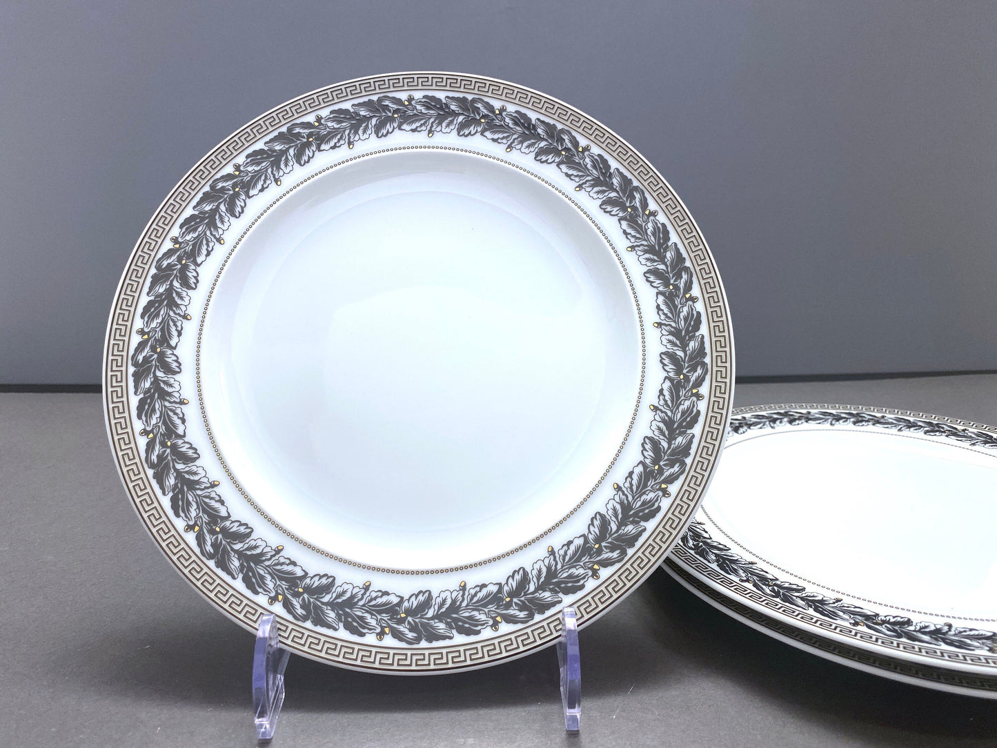 5 x Versace "Marqueterie" dinner plates, 10.5'' D, made in Germany by Rosenthal , black and white pattern with gold accents ,superb!