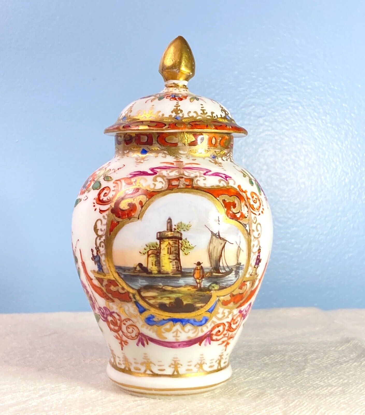 1800s Royal Vienna Porcelain Lidded Jar with Nautical scene, blue beehive mark