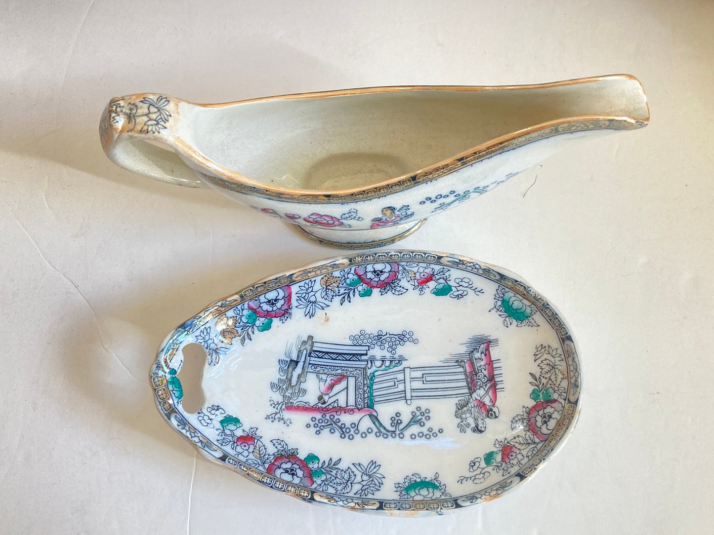 Antique Ashworth LSS Lewis Strauss & Sons ironstone gravy boat with underplate in Chinese pattern, ca. 1860