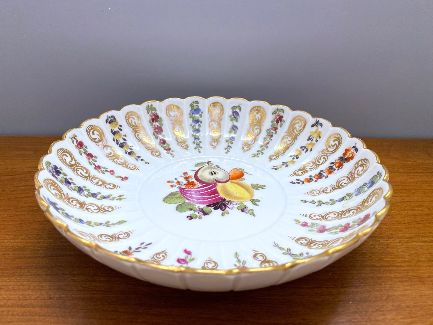 Antique MEISSEN bowl, polychrome floral and fruit painting, flute design, ornamental gilding, 19 century, very rare