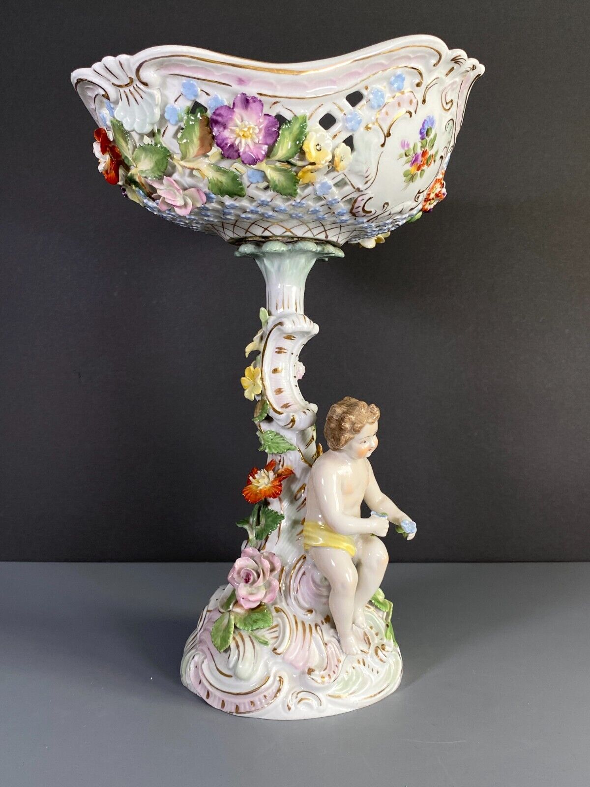 Carl Thieme Potschappel Dresden porcelain floral encrusted Figural centerpiece