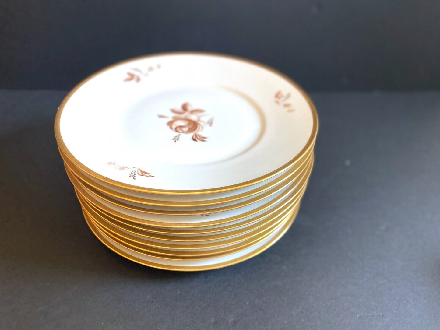 Set 12 Royal Copenhagen Brown Rose bread plates, gold trim, 6 1/4 '', c. 1945