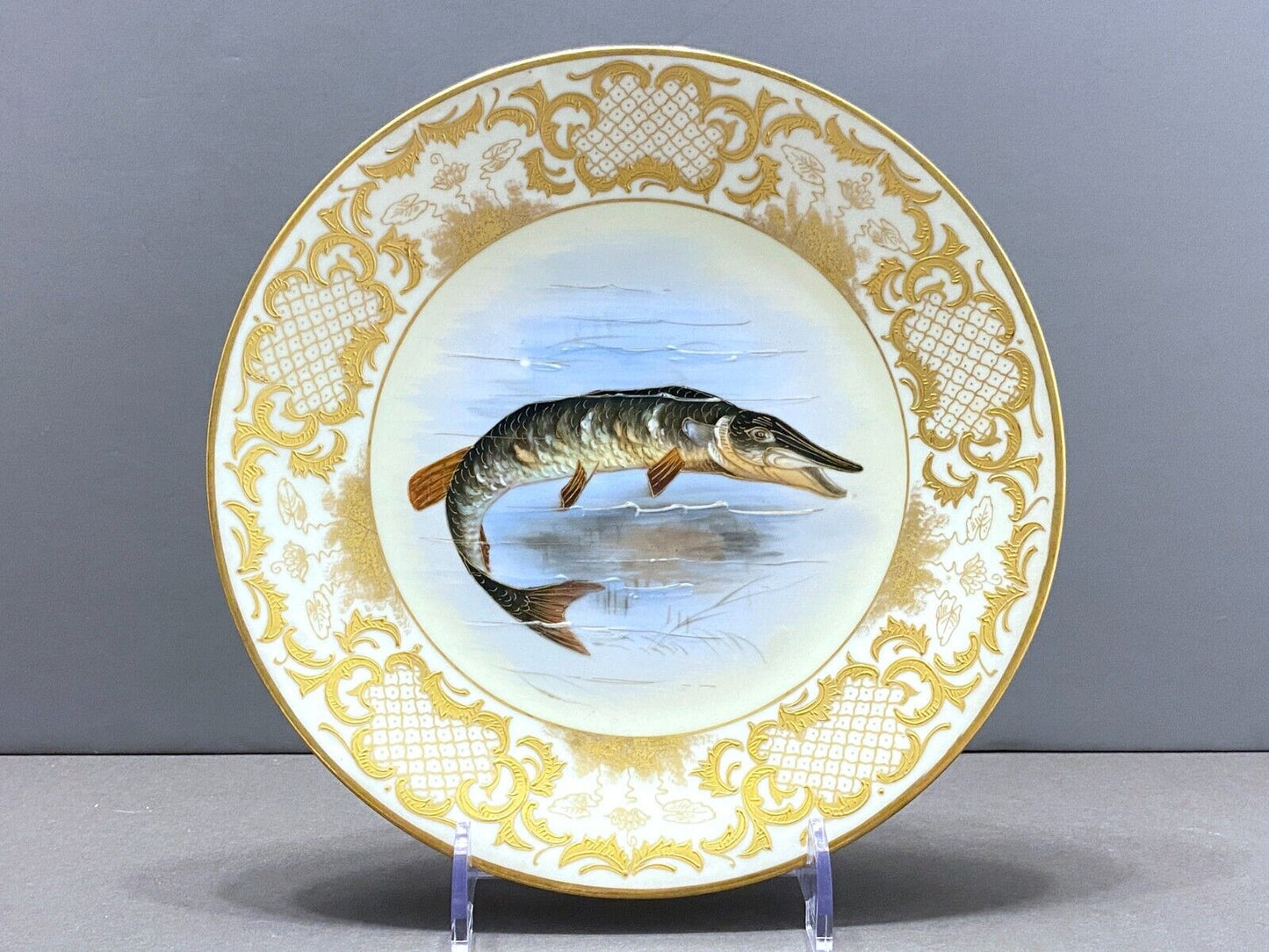 6 x Antique Limoges Imperial Vienna fish plates for Ovington Bro. gold encrusted