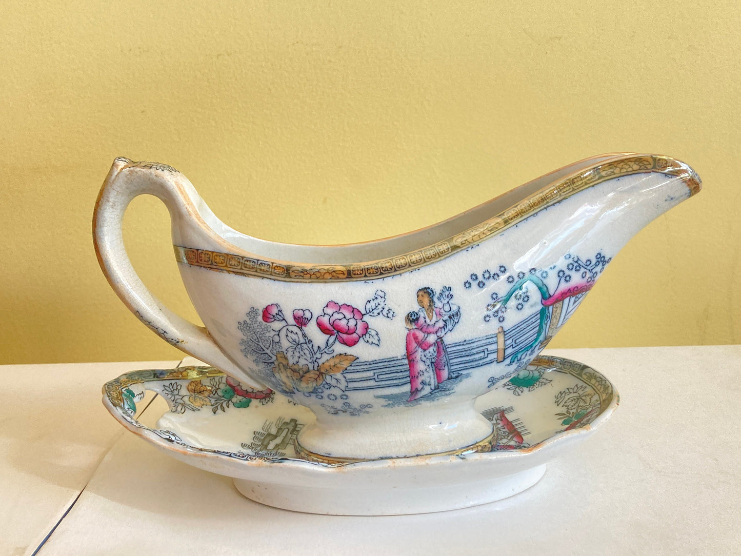 Antique Ashworth LSS Lewis Strauss & Sons ironstone gravy boat with underplate in Chinese pattern, ca. 1860