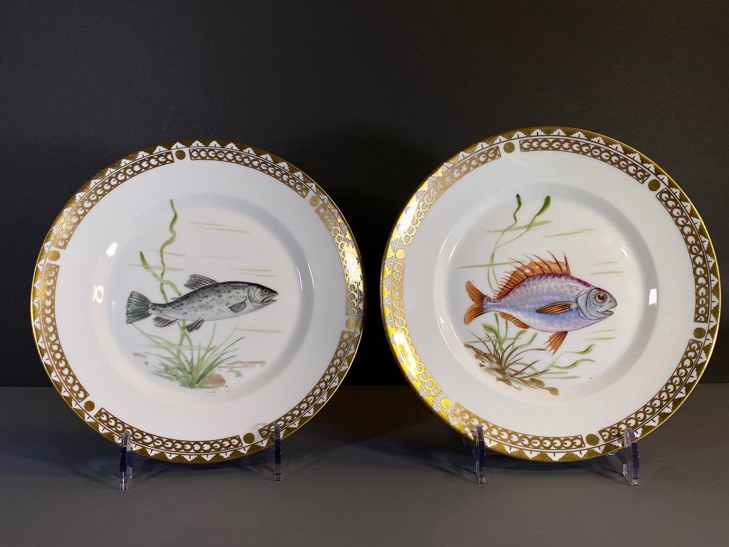 Set of 8 Royal Copenhagen hand-painted fish plates, gilt rim, ca. 1947, very rare! excellent condition, highly collectible