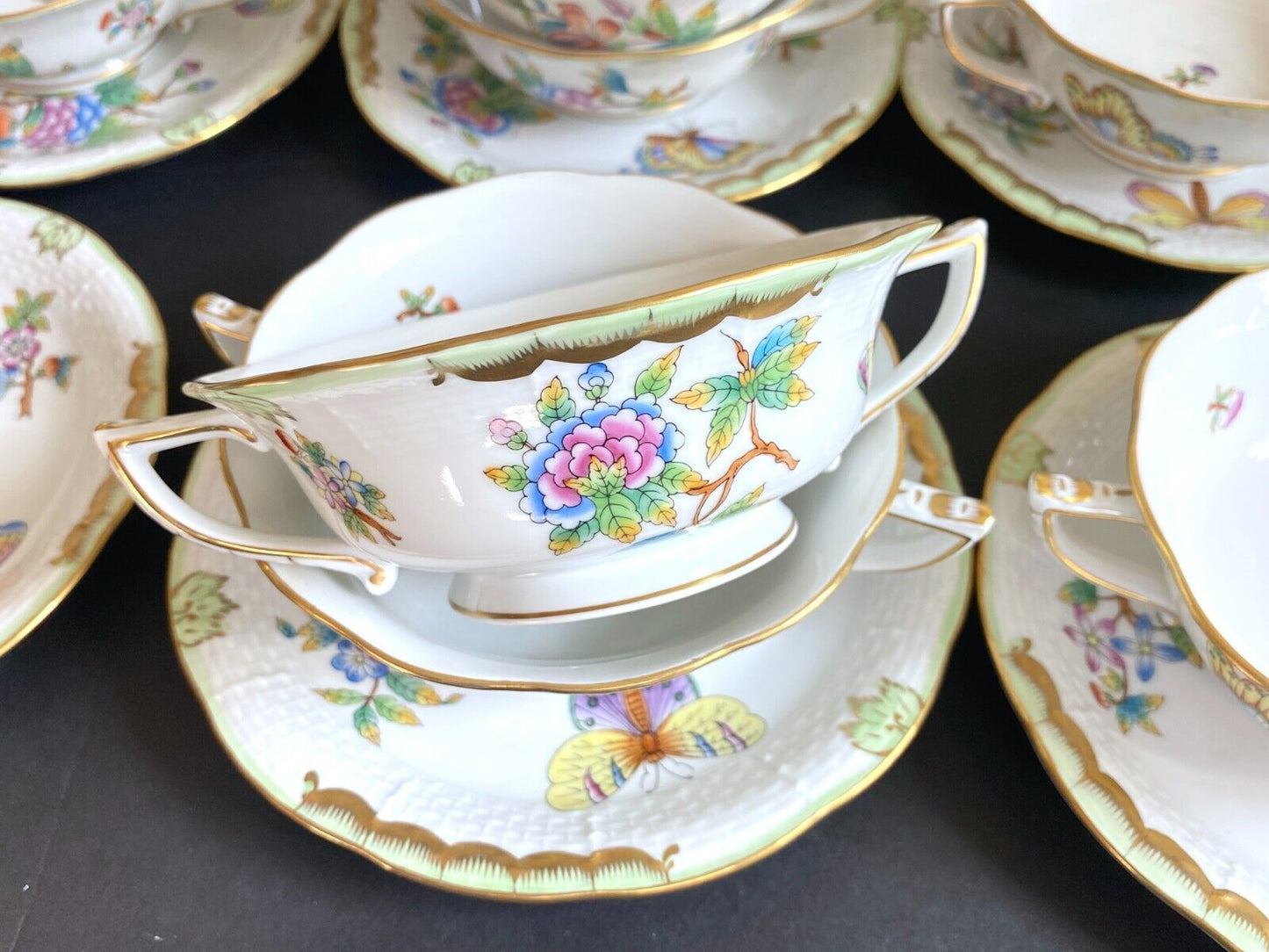 12 sets of Herend "Queen Victoria" bouillon soup bowl & Saucer, #743 VBO, mint