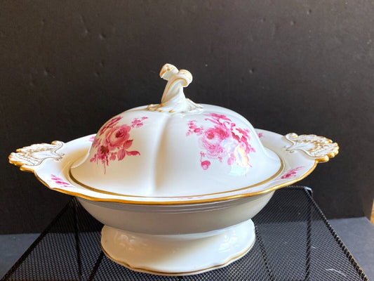 MEISSEN "flower boutique " Purple lidded tureen w/leaf handles,gold accent, 1st