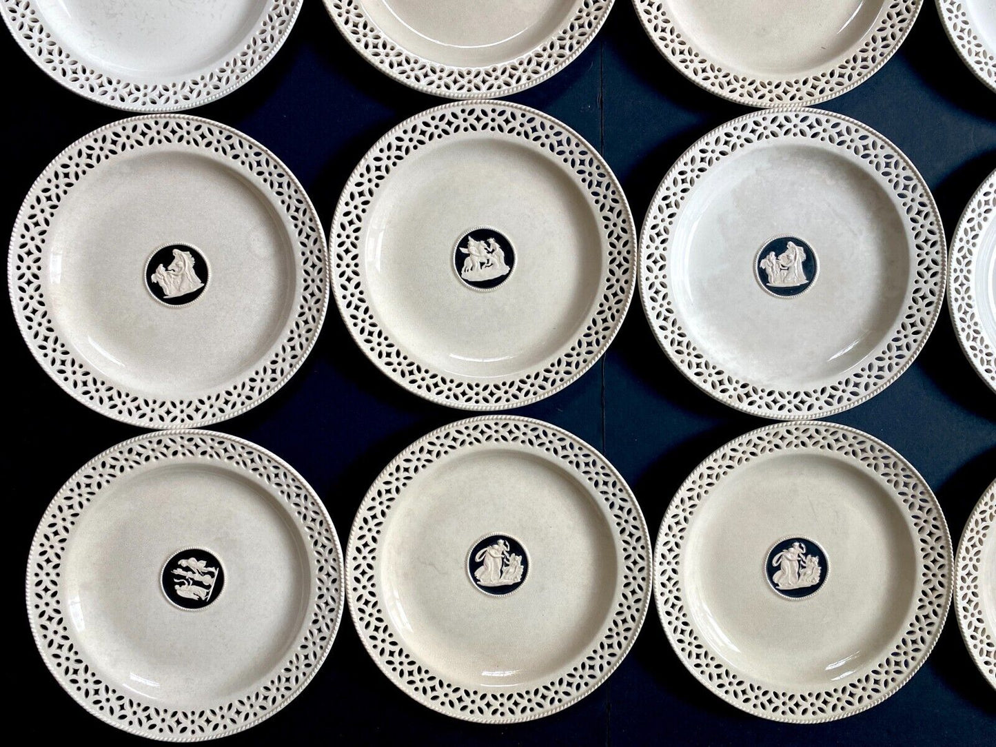 Set 12 Wedgwood Creamware Pottery pierced Plates, Pearlware Neoclassical, 1800s