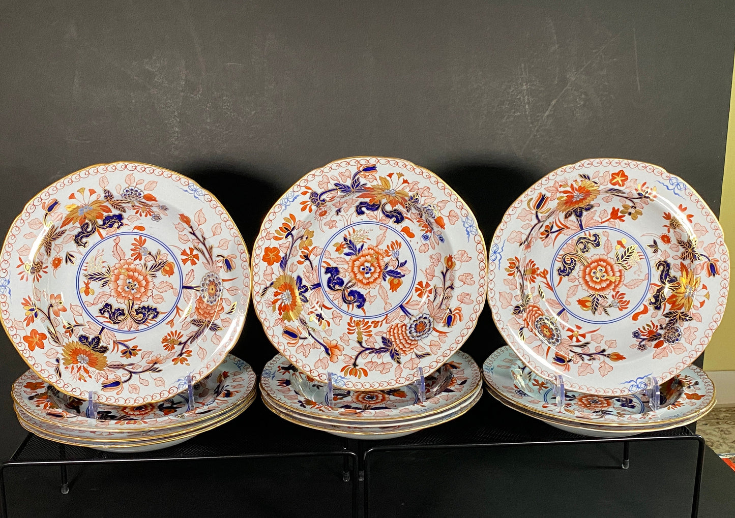 Ca. 1880 Copeland Imari style serving bowl, tray and plates, 13 pcs, gold encrusted. fabulous design and very rare!