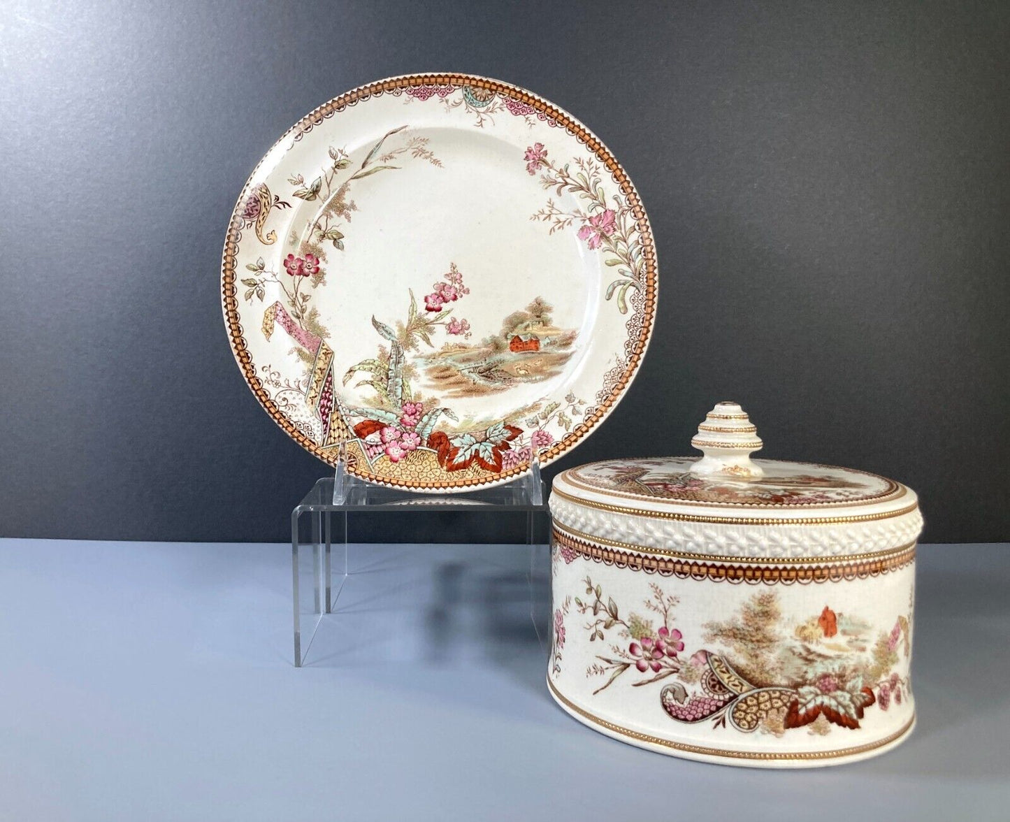 Edge Malkin & Co. Aesthetic Movement "Lisbon" transferware Cheese dish, ca.1888