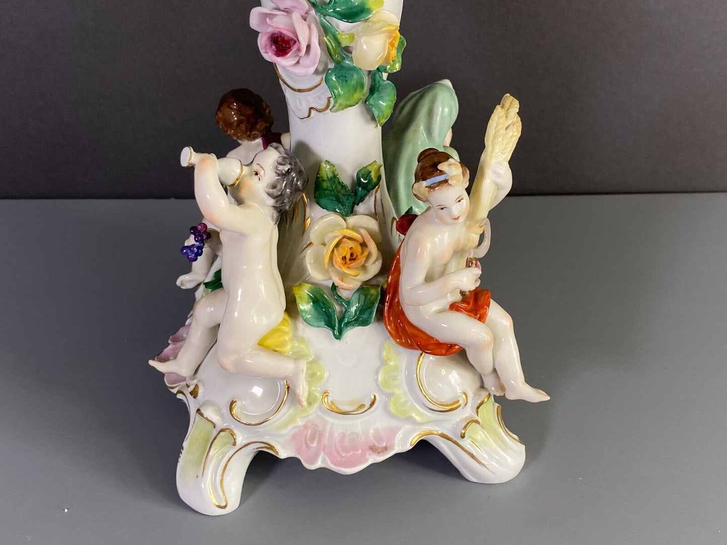 C.1915Germany Volkstedt Dresden porcelain floral encrusted Figural centerpiece.