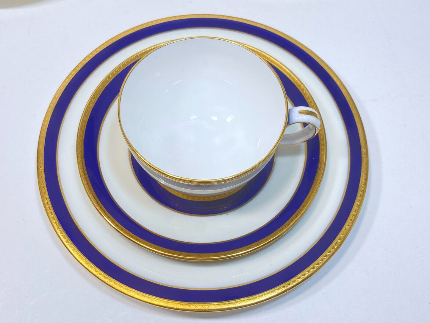 Set of 12 Tiffany & Co Mintons dessert set, blue band and gold accent, ca.1900s