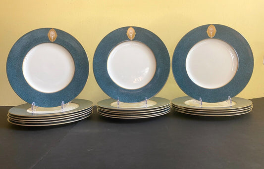 Royal Worcester gold medallion plates, , powder blue border, gold rim, ca.1930