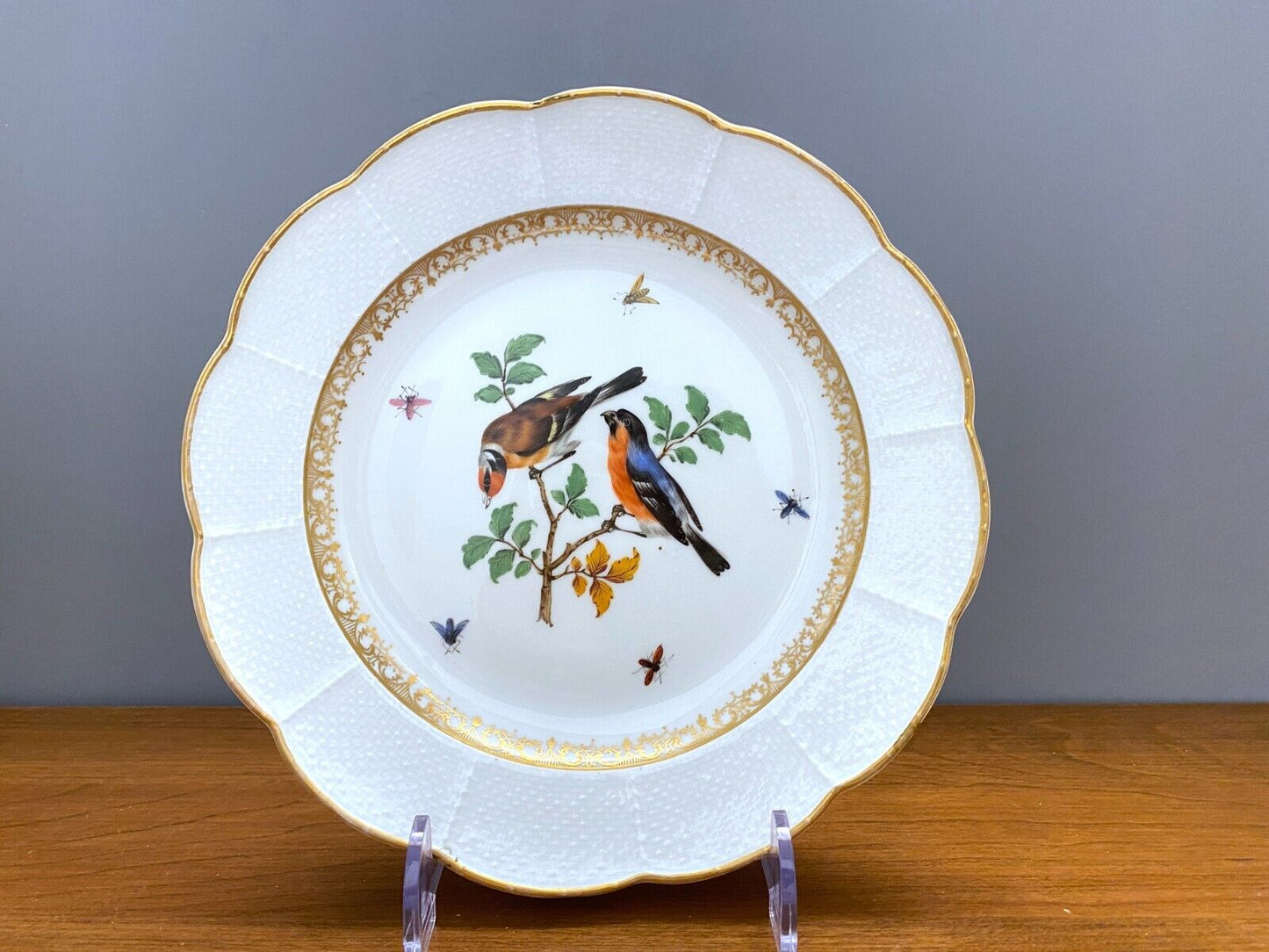 Set 2 x antique Meissen birds and insects plates, gilt rim, 8'',1800s, very rare