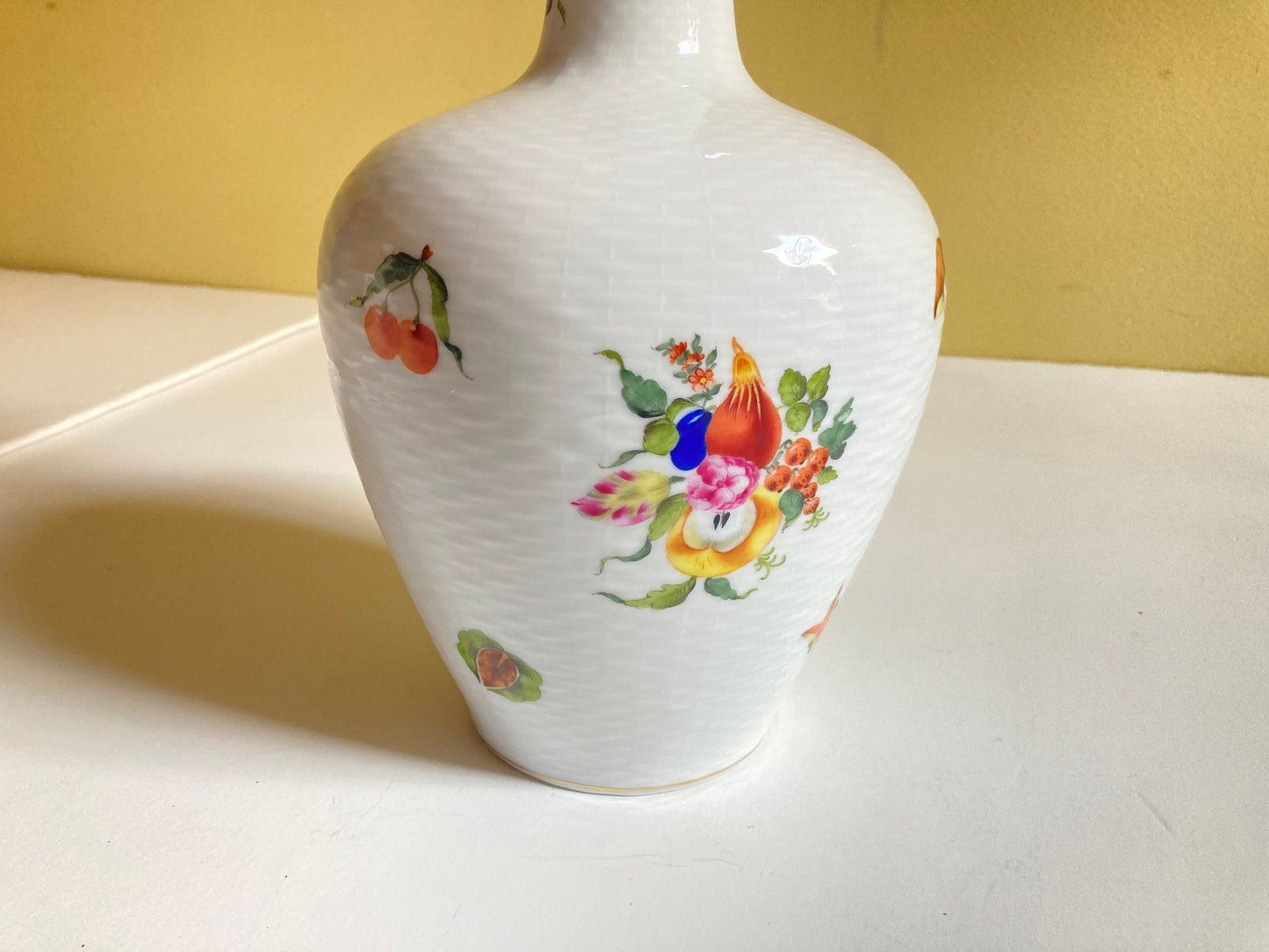 Large Herend Fruits & Flowers vase, basket weave design, 24k accents, 11'' T, ca. 1960s, rare