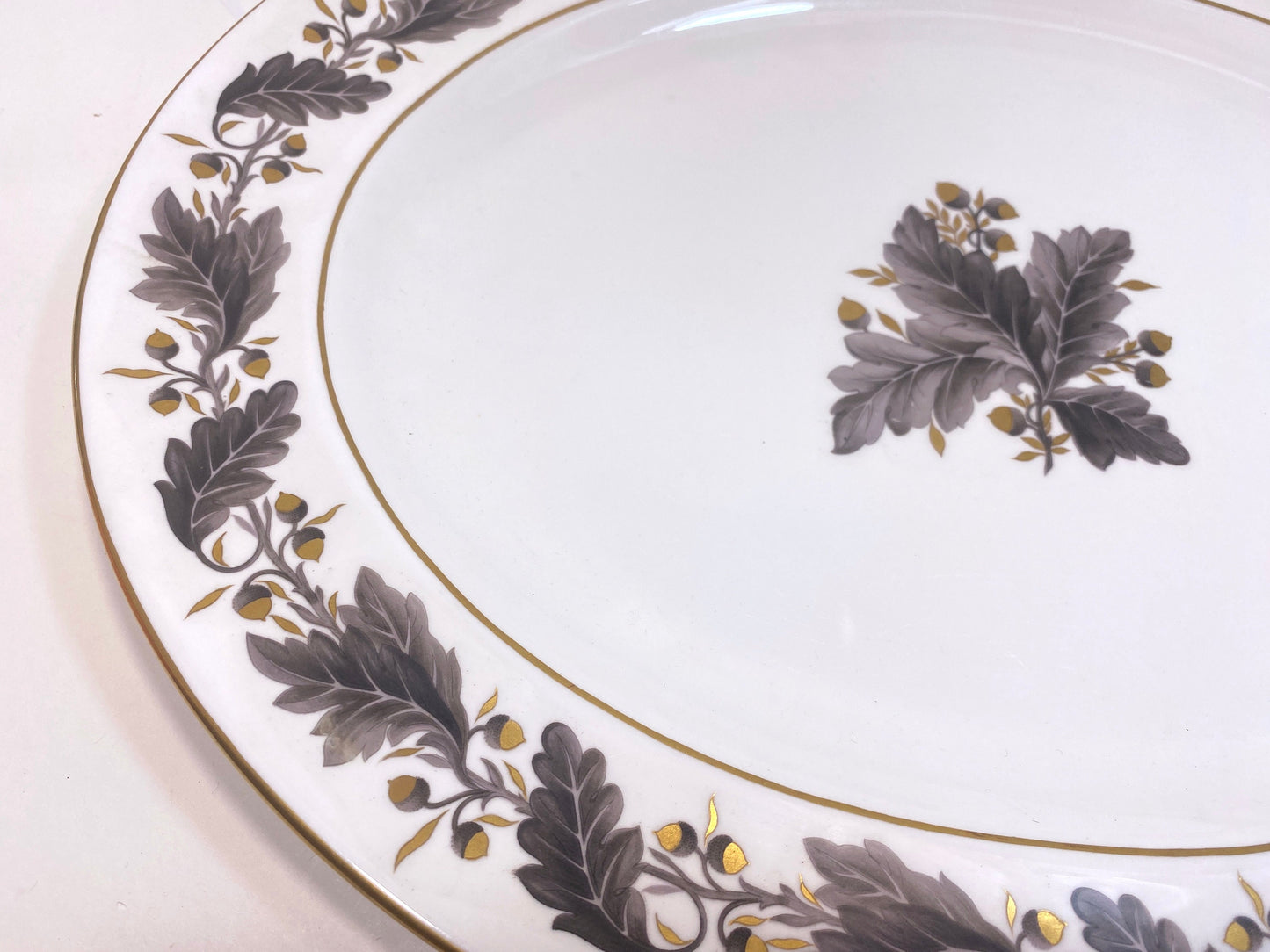 Royal Crown Derby "Portman Oak" pattern round platter, bone china, gold accent, made in England, ca.1940