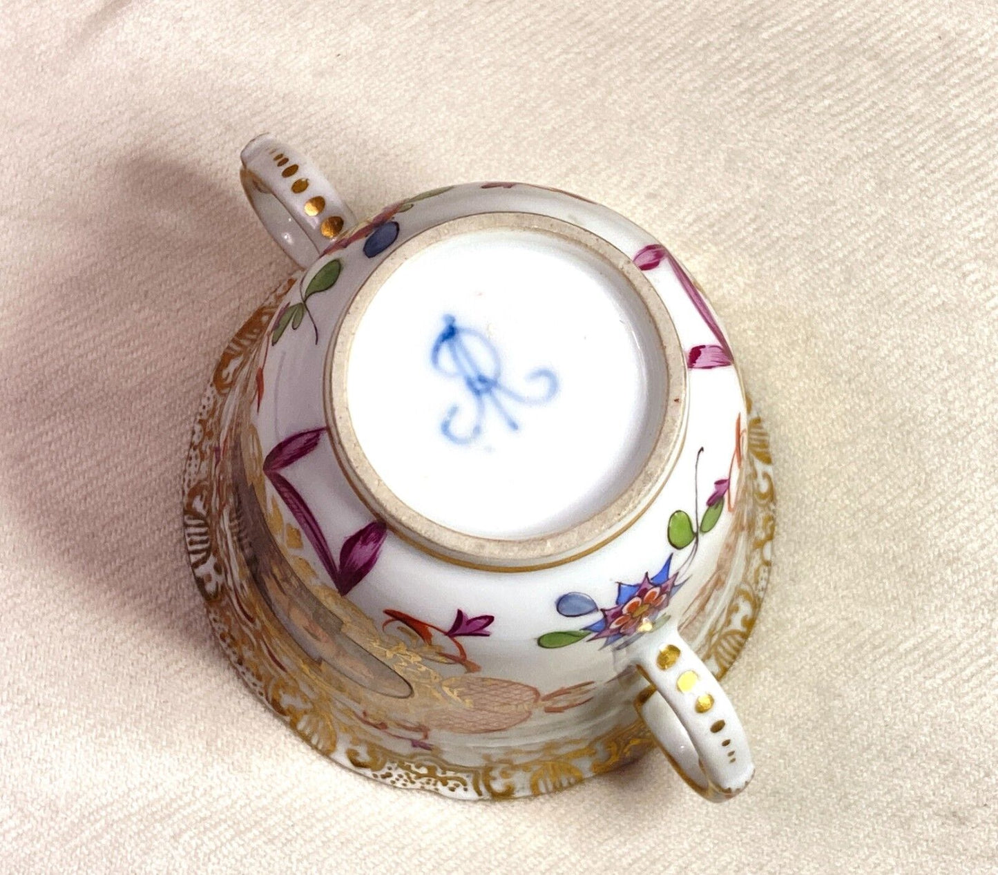 Meissen Augustus Rex for Helena Wolfsohn Nautical cup w/Carl Thieme saucer, 18C.