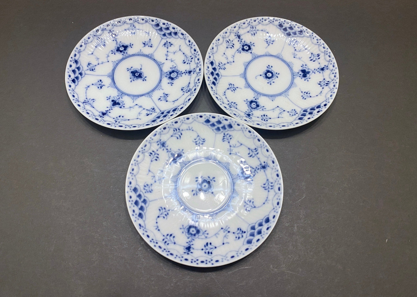 5 x ROYAL COPENHAGEN Blue Fluted "Half Lace" N0.526-528, tea saucer only, 1st quality