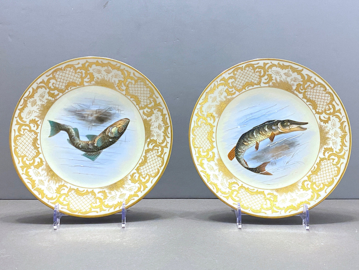 Rare!Antique Limoges Imperial Vienna for Ovington Brothers New York gold encrusted hand-painted fish Plates, set of 6, ca. 1900s, Gorgeous!