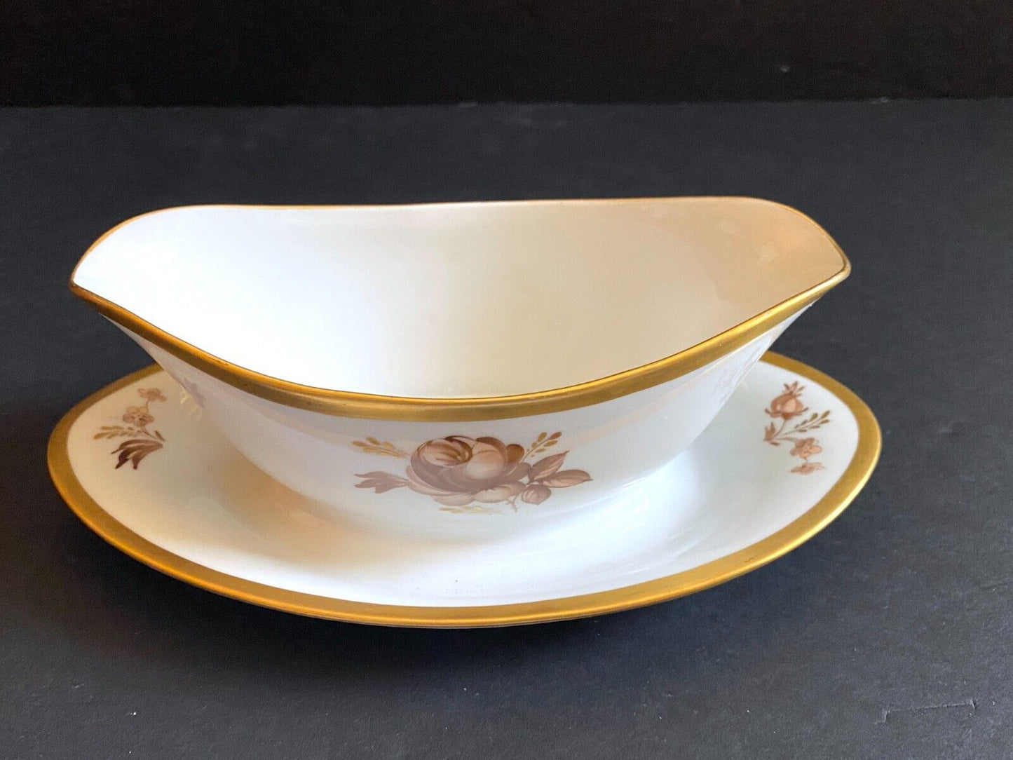 Royal Copenhagen handpainted gilt Brown Rose gravy boat w/ attached underplate