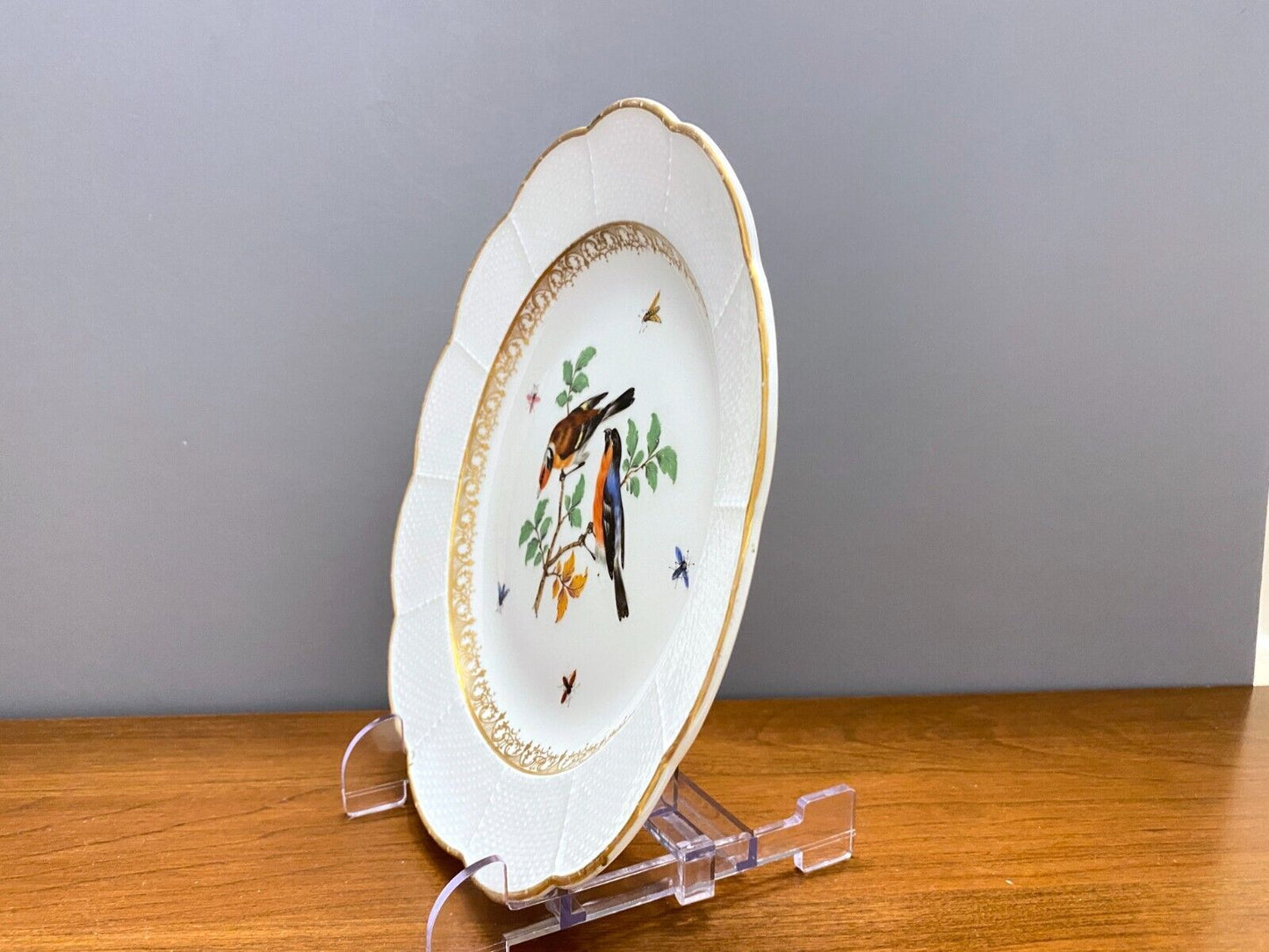 Set 2 x antique Meissen birds and insects plates, gilt rim, 8'',1800s, very rare